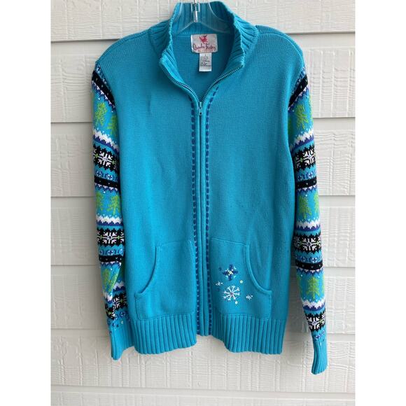 Quacker Factory blue zip cardigan L snowflake holiday winter - Picture 1 of 10